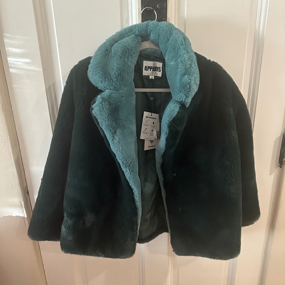 APPARIS Faux Fur Jacket in Emerald Green and Sapphire Blue